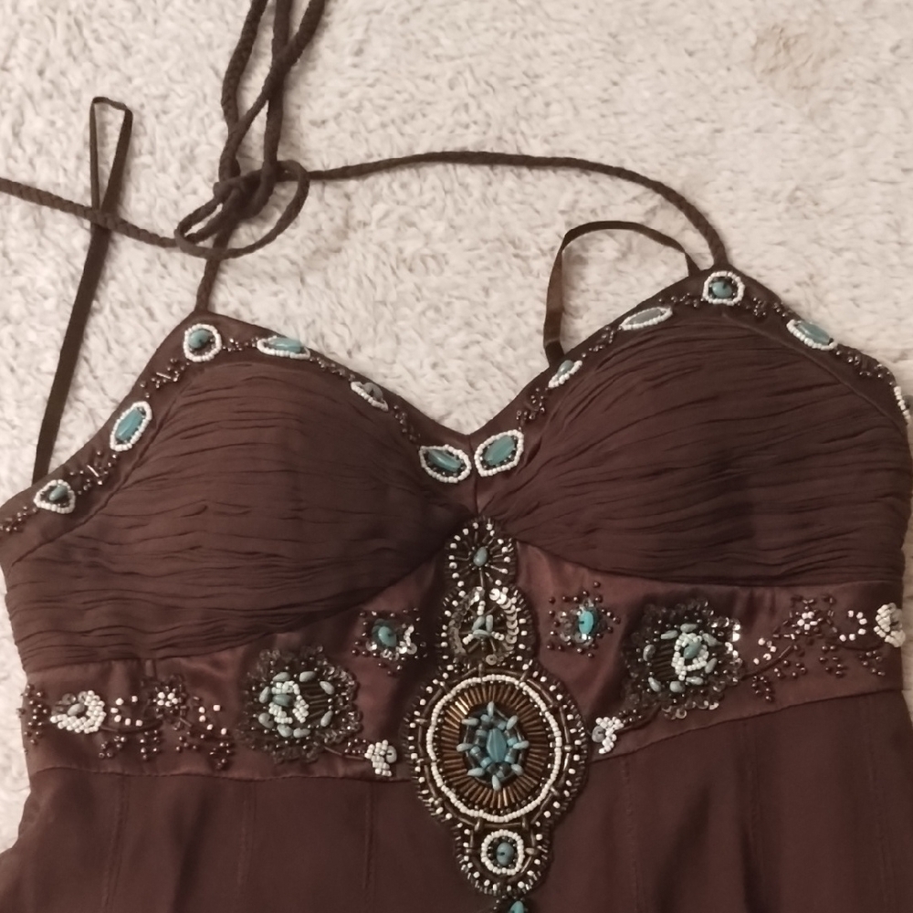 Elegant Brown Sue Wong 100% Silk Halter Dress - Picture 13 of 16